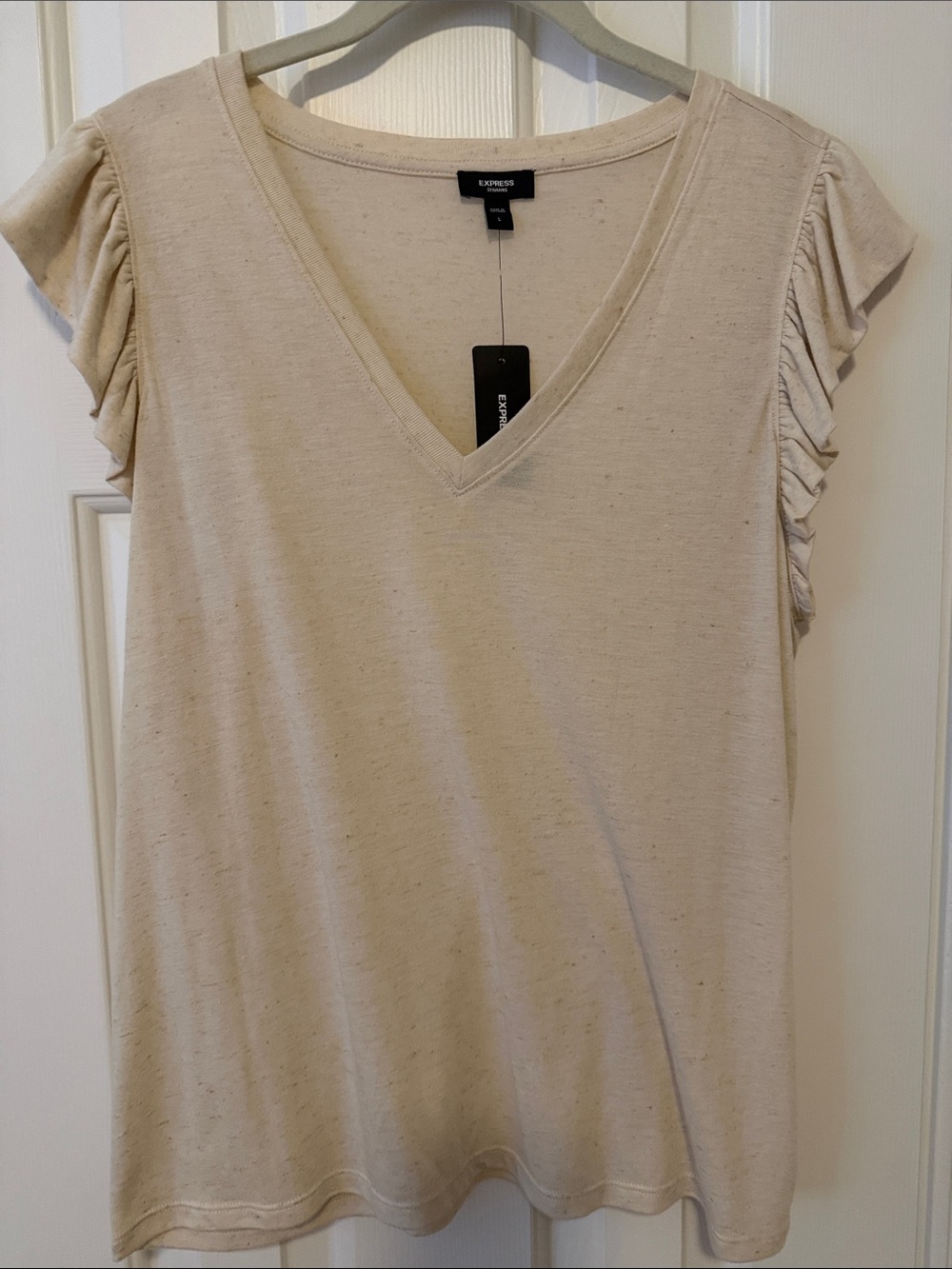 Express Cream V-Neck Ruffle Sleeve Tee